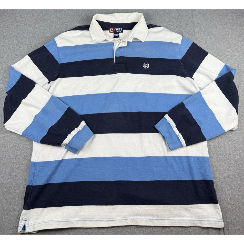 Chaps Mens XL Rugby Shirt Blue White Stripe Long Sleeve Cotton Crest Logo